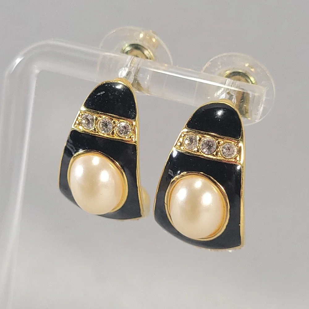 Joan Rivers Earrings Womens Gold Tone Black Enamel Faux Pearl Rhinestone J-Hoop